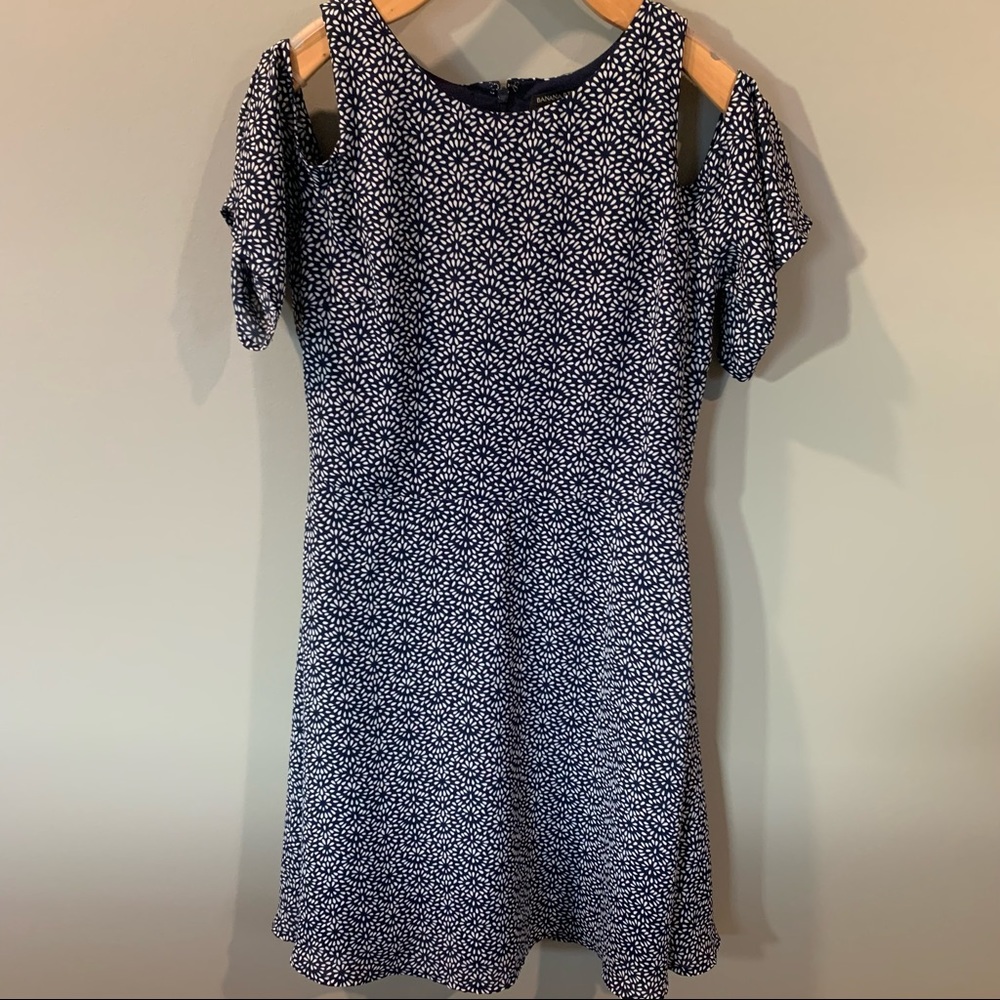 Banana Republic Cold Shoulder Navy White Fit & Flare Dress